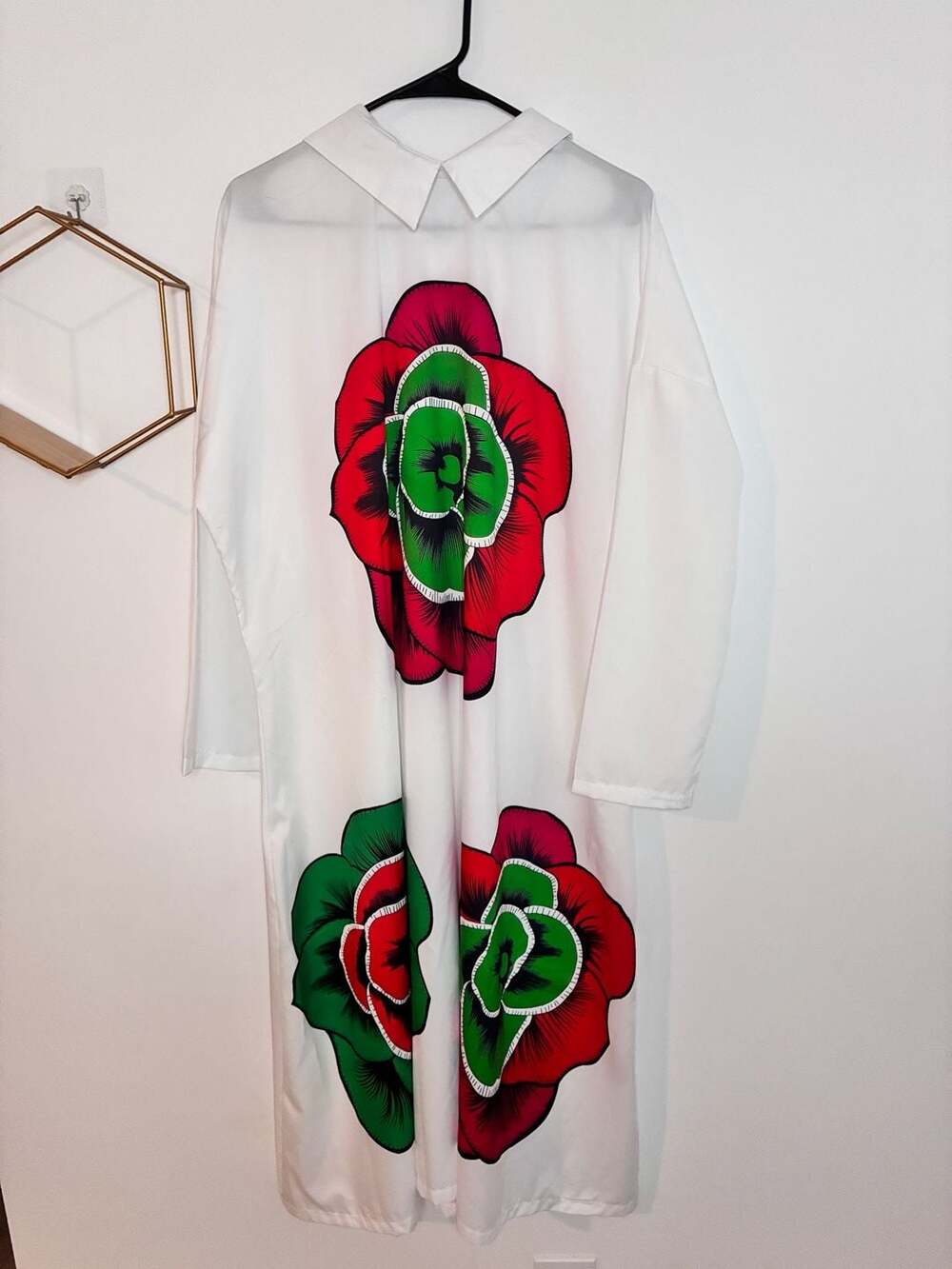 Women's White Long Sleeve Button-Down Shirt Dress with Red and Green Rose Print